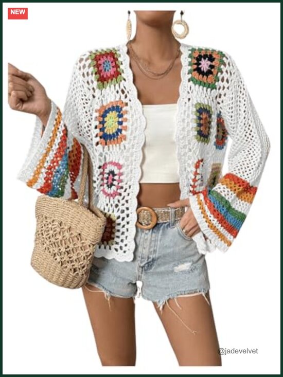 Sweaters - Floral Crochet Open Front Cardigan Sweater Lightweight Long Sleeve V-Neck Loose